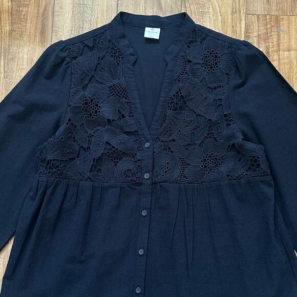 Poheme Paris Lace Detailing Button Front Long Sleeve Tiered Dress Size M/L Black - Picture 3 of 11